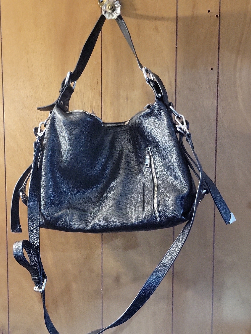 HESHE Black Pebbled Leather Shoulder Bag with Zip Pocket